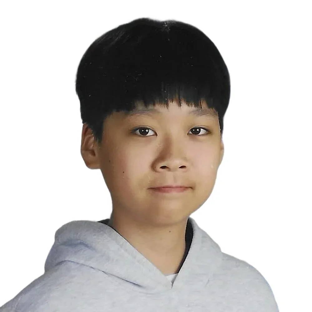Portrait of a young boy with black hair, wearing a light gray hoodie, against a plain white background.