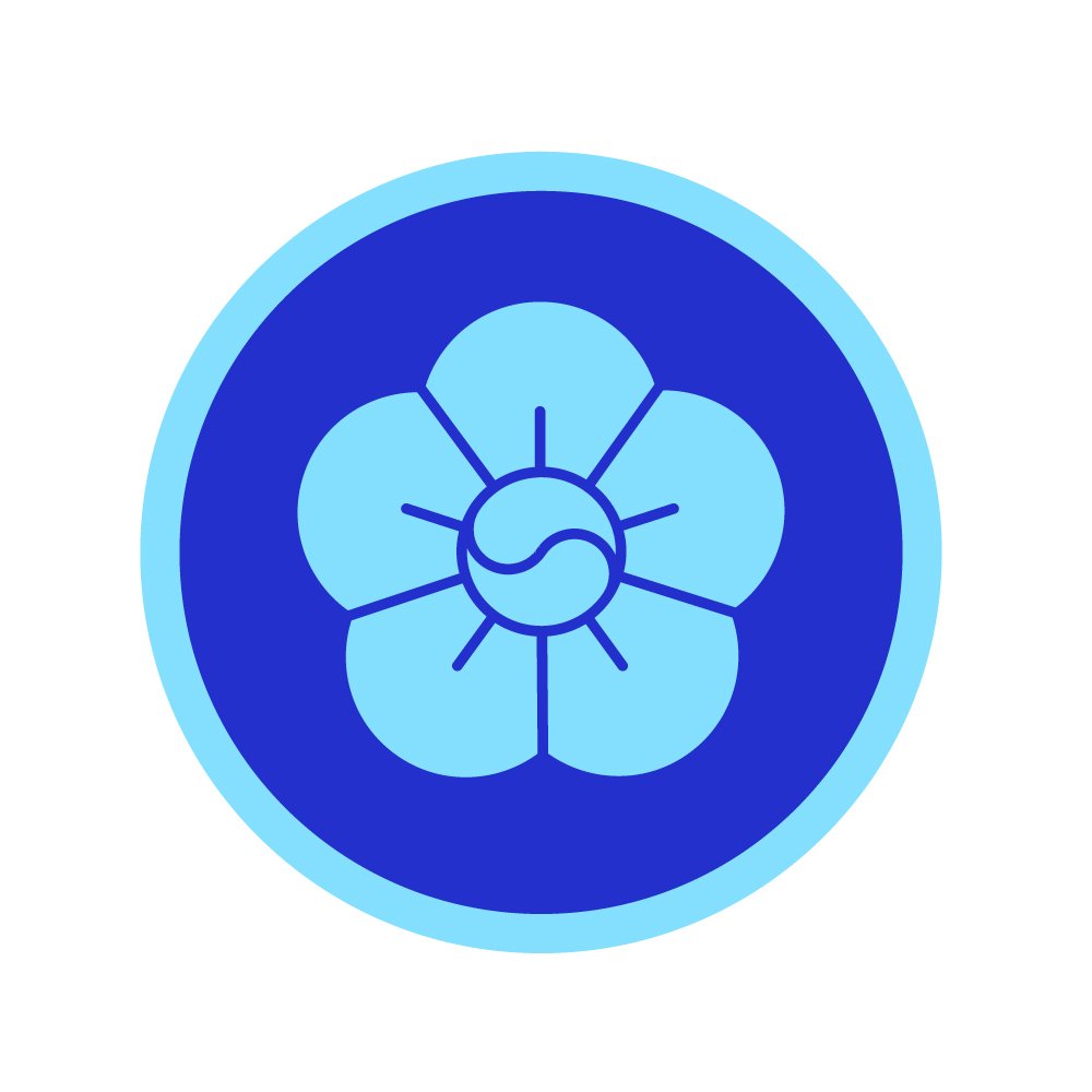 A stylized blue badge or emblem featuring a flower with six petals and a central circle with a wave pattern, outlined in dark blue against a lighter blue background.
