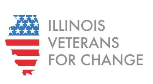 Logo of Illinois Veterans for Change featuring a stylized map of Illinois with an American flag pattern of stars and stripes.