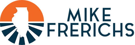 Logo featuring a silhouette of a man's profile inside an orange circle with rays emanating behind, alongside the text 'Mike Frerichs' in blue.