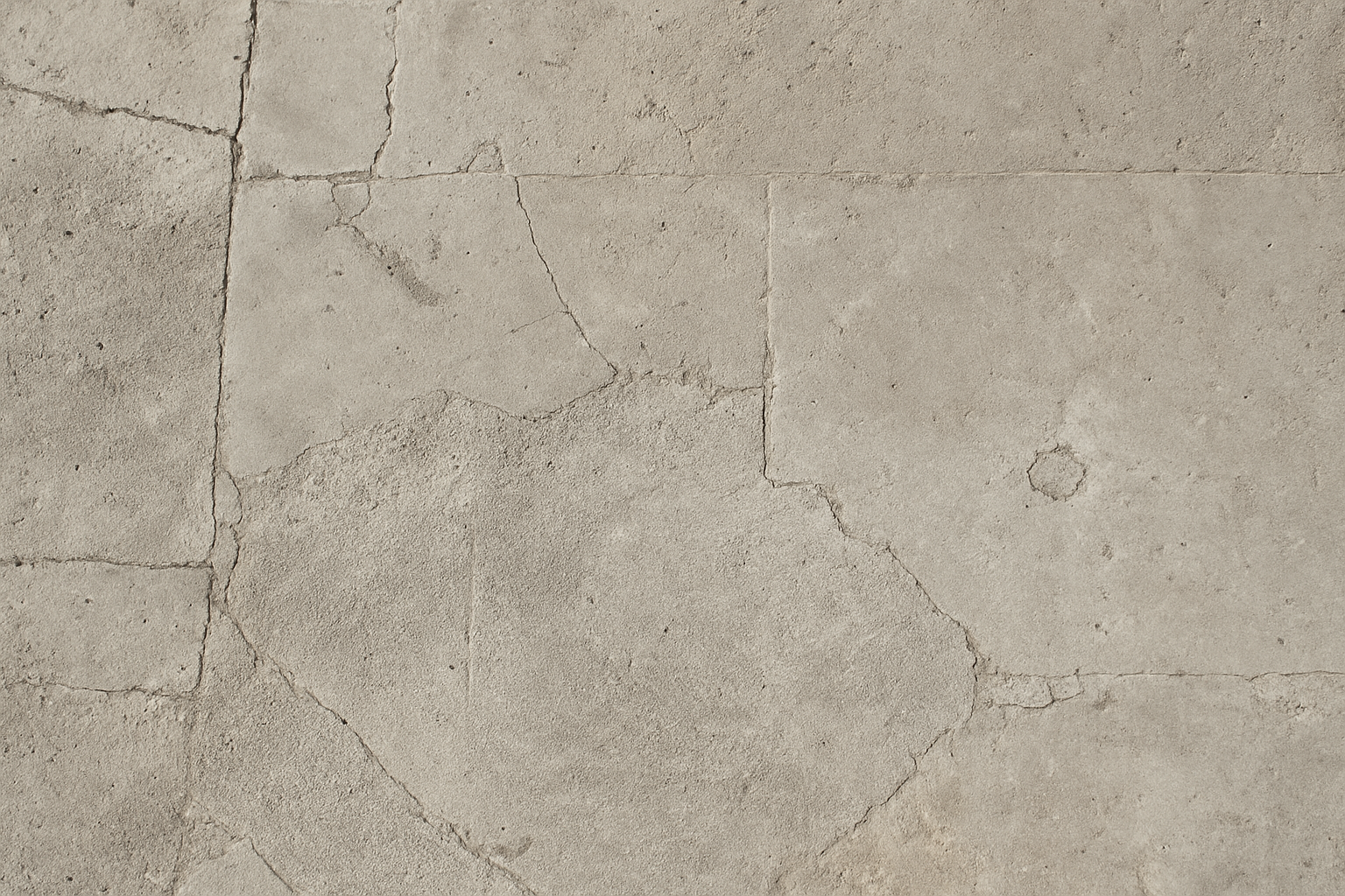 Piso de concreto com muitas rachaduras e marcas de desgaste.