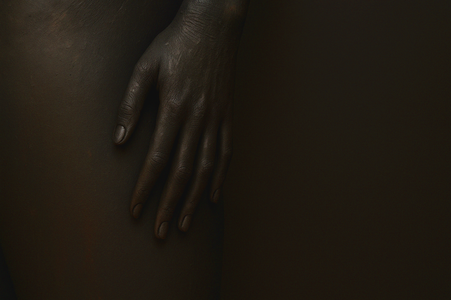 Mão de pessoa com pele escura repousando sobre uma superfície escura.