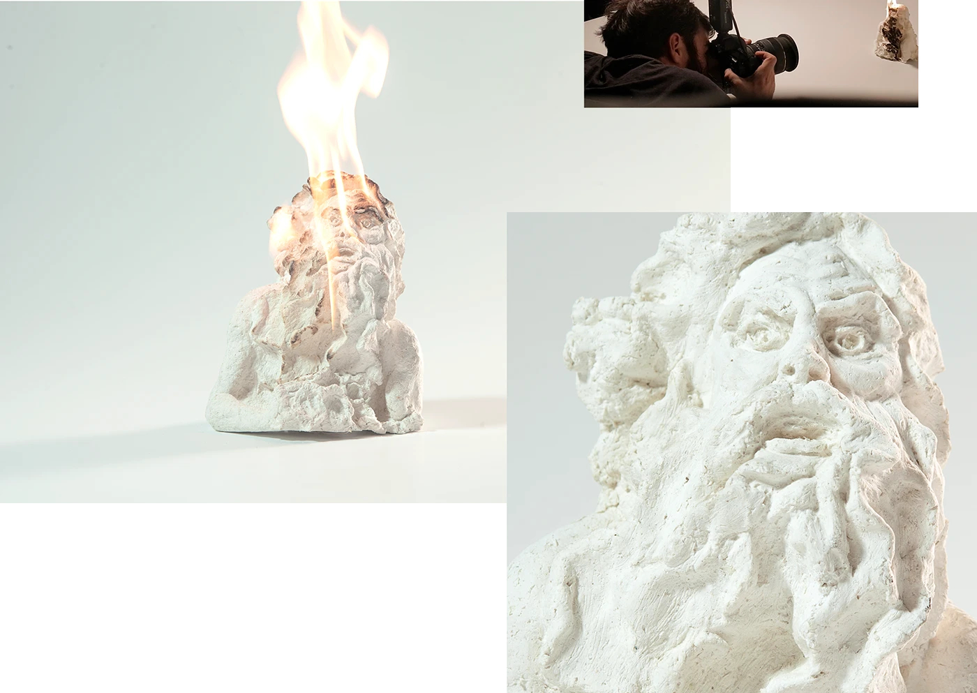 Escultura de uma cabeça de mármore com fogo emergindo do topo, imagem ampliada mostrando detalhes da escultura. Uma pessoa à esquerda, na parte superior, fotografa a escultura com uma câmera.