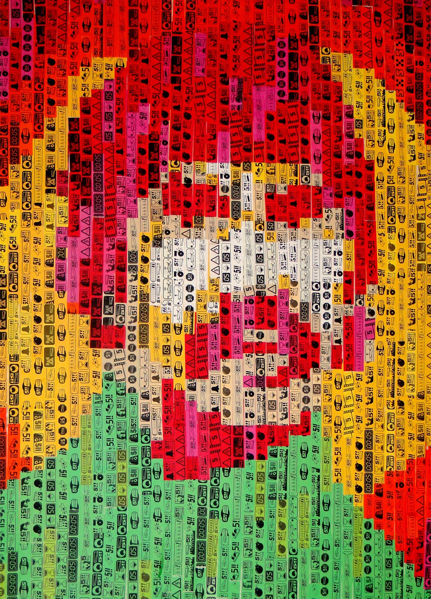 Mosaico de imagens de sinais e símbolos de trânsito formando uma imagem de uma Ferrari vermelha com fundo verde.
