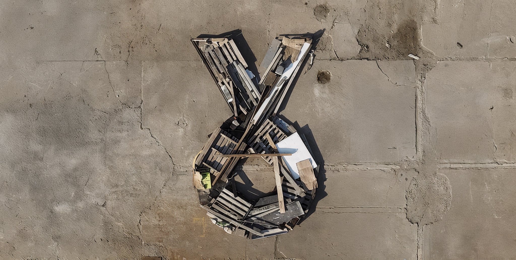Letra 'X' feita com pedaços de madeira e materiais variados colocada sobre um piso de cimento.