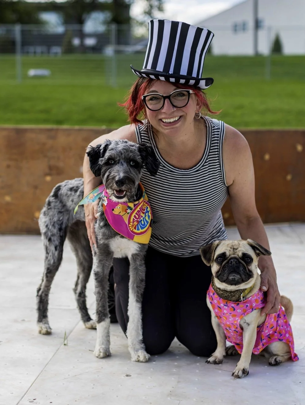 Sheri with her 2 trick dogs, Luna & Mango.
