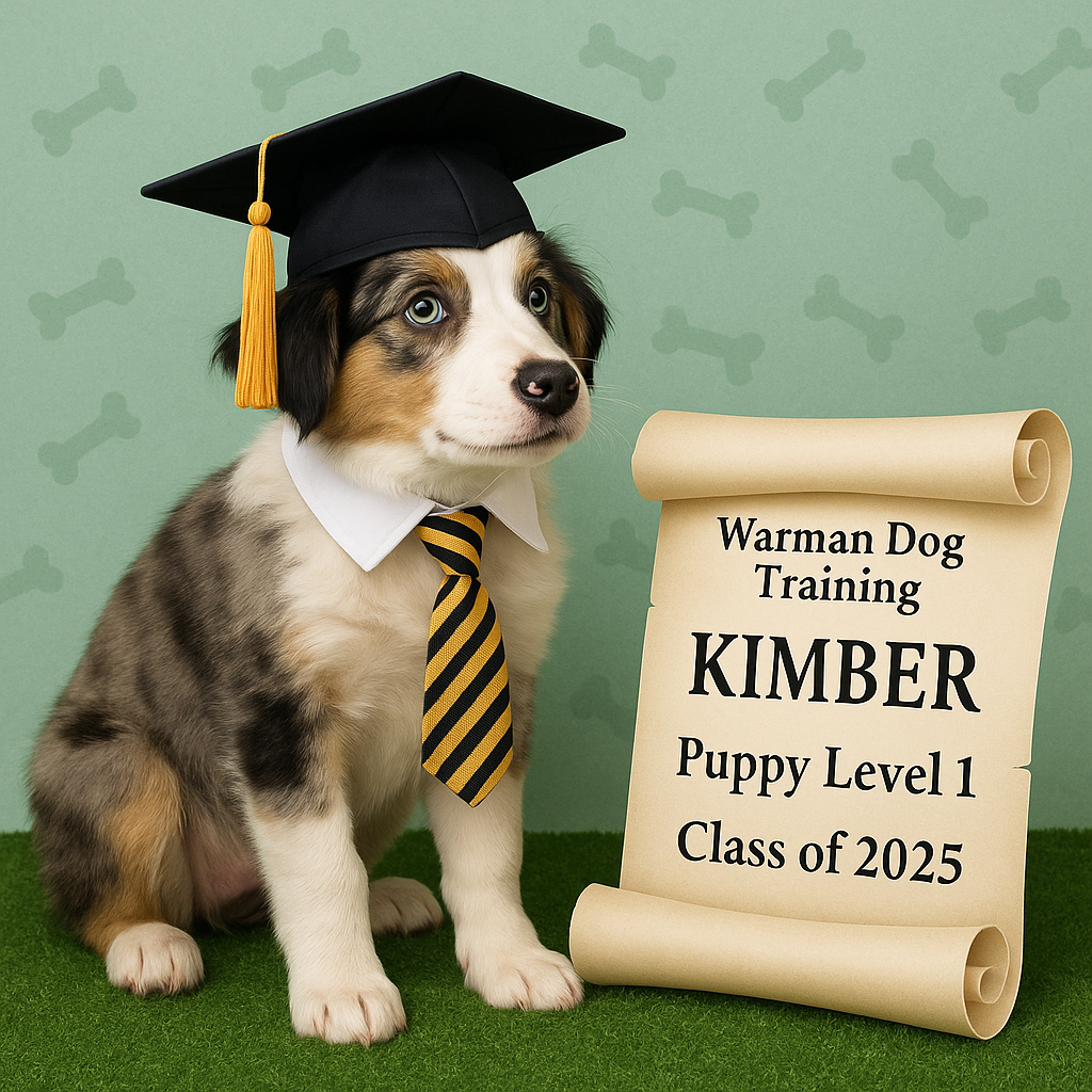 An adorable Australian Shepherd puppy dressed for graduation, wearing a black cap with a yellow tassel, a white collar, and a black and yellow striped tie, sitting next to a parchment scroll that reads 'Warmann Dog Training KIMBER Puppy Level 1 Class of 2025' on a green surface with a matching dog bone backdrop.