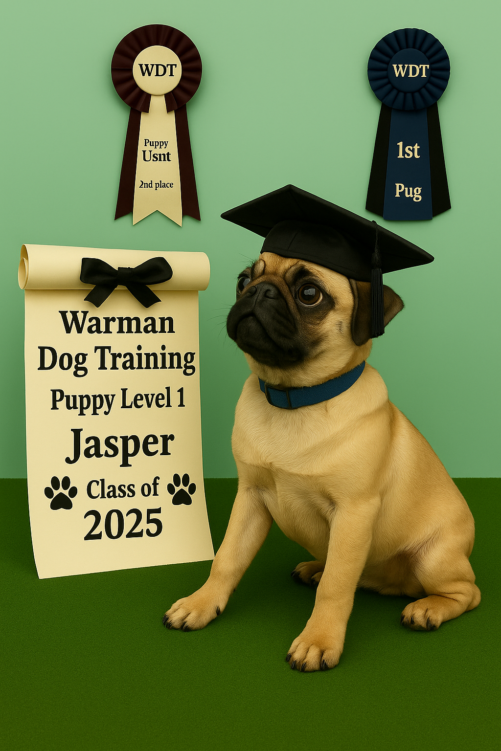 A French Bulldog wearing a graduation cap sitting on a green surface with awards and a sign indicating it is a puppy in a dog training class, class of 2025, named Jasper.