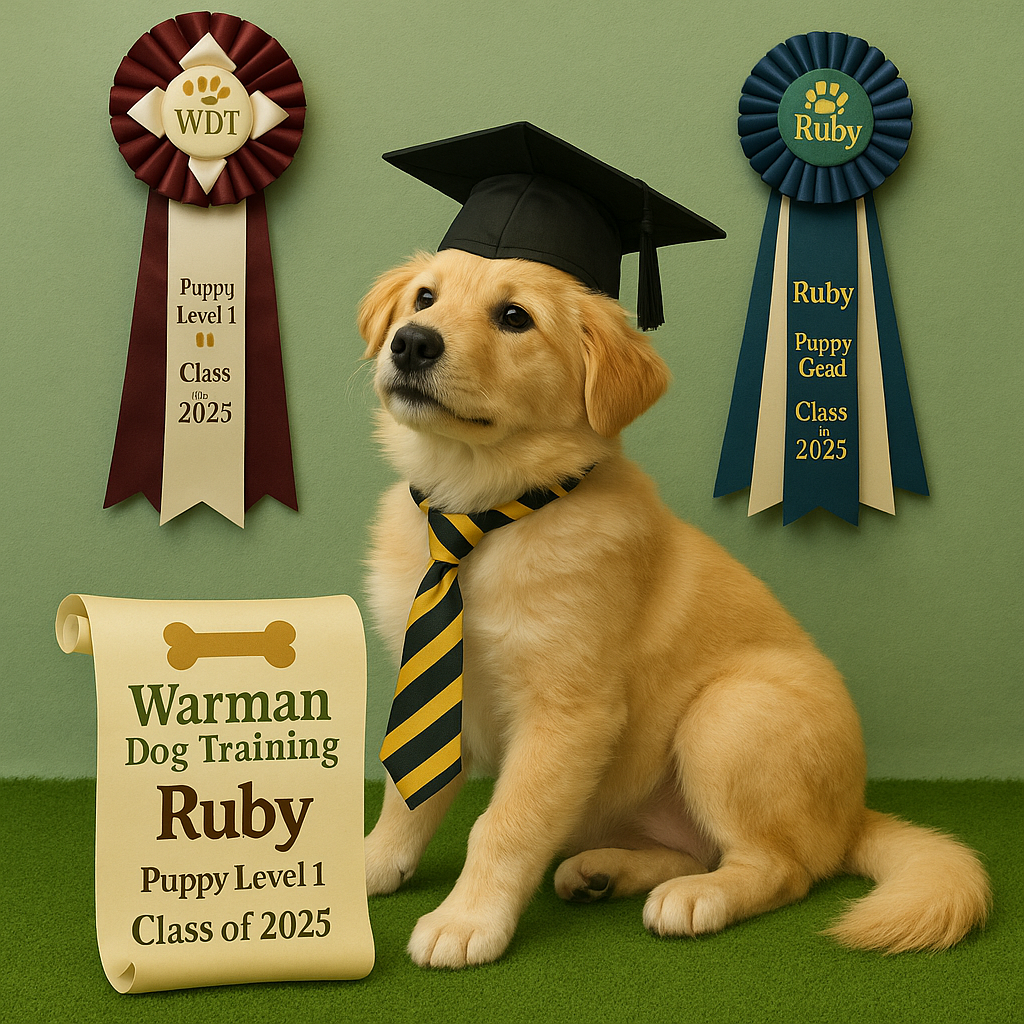 A Golden Retriever puppy graduates from Warman Dog Training Puppy Level 1 class