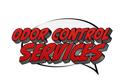 Logo for Odor Control Services with red and black text in a speech bubble.