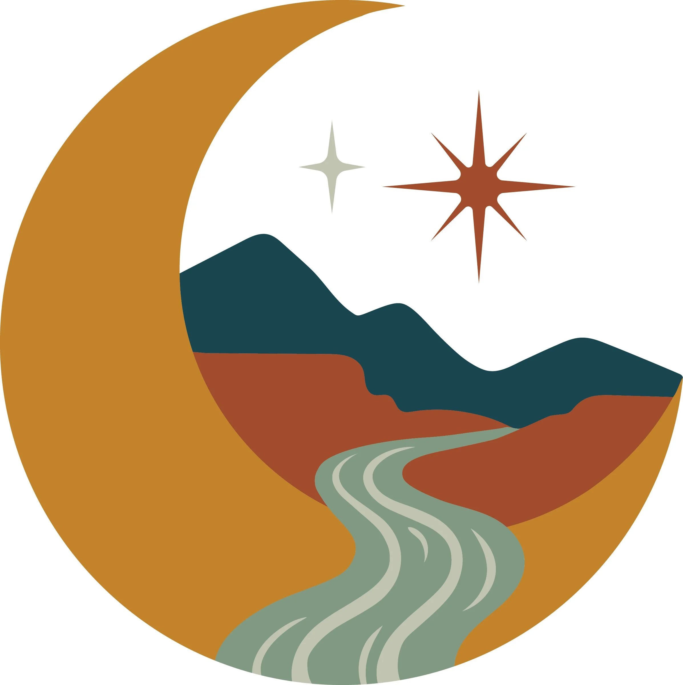 Stylized illustration of a night scene with a crescent moon, mountains, a winding river, and two stars in the sky.