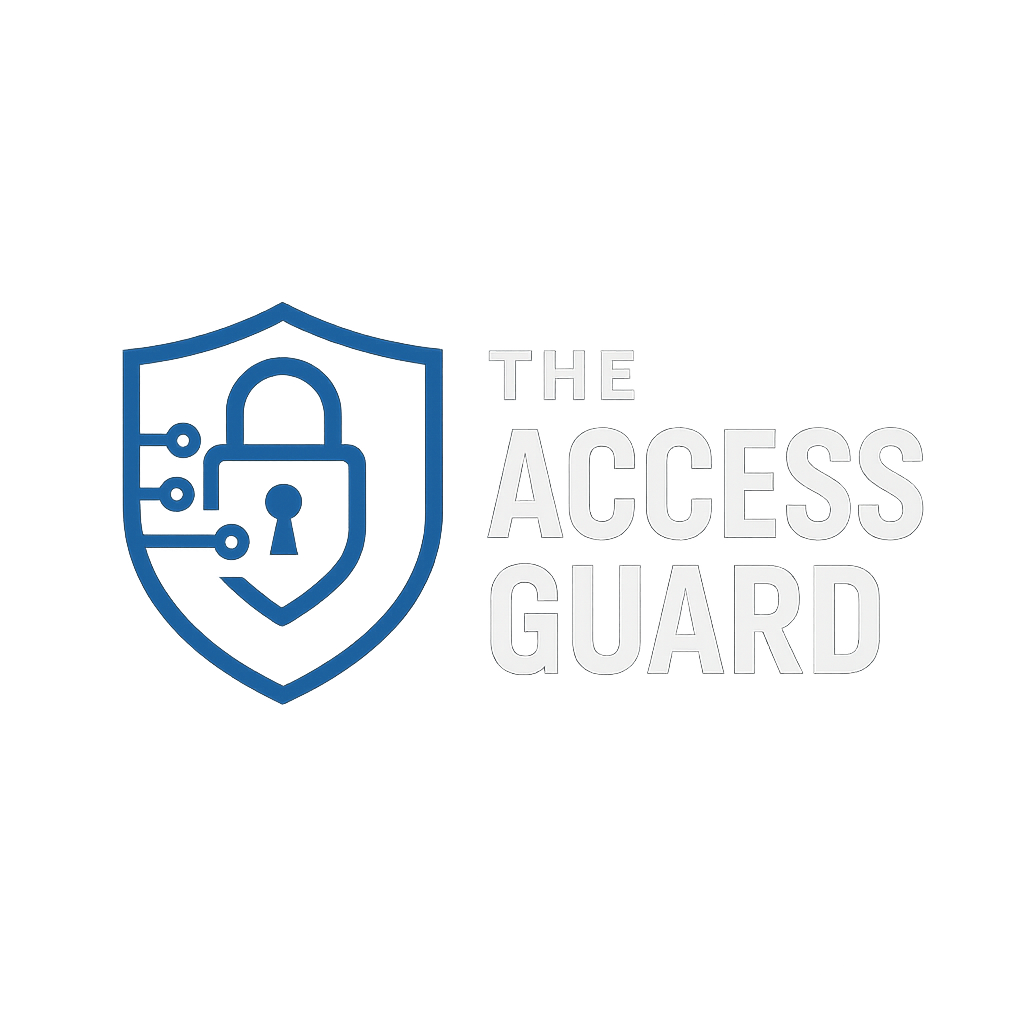 Logo with a blue shield and lock icon, featuring the text 'The Access Guard'