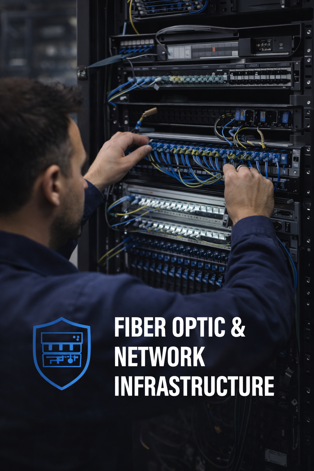 A technician working on a server rack with fiber optic and network equipment, installing or maintaining cabling.