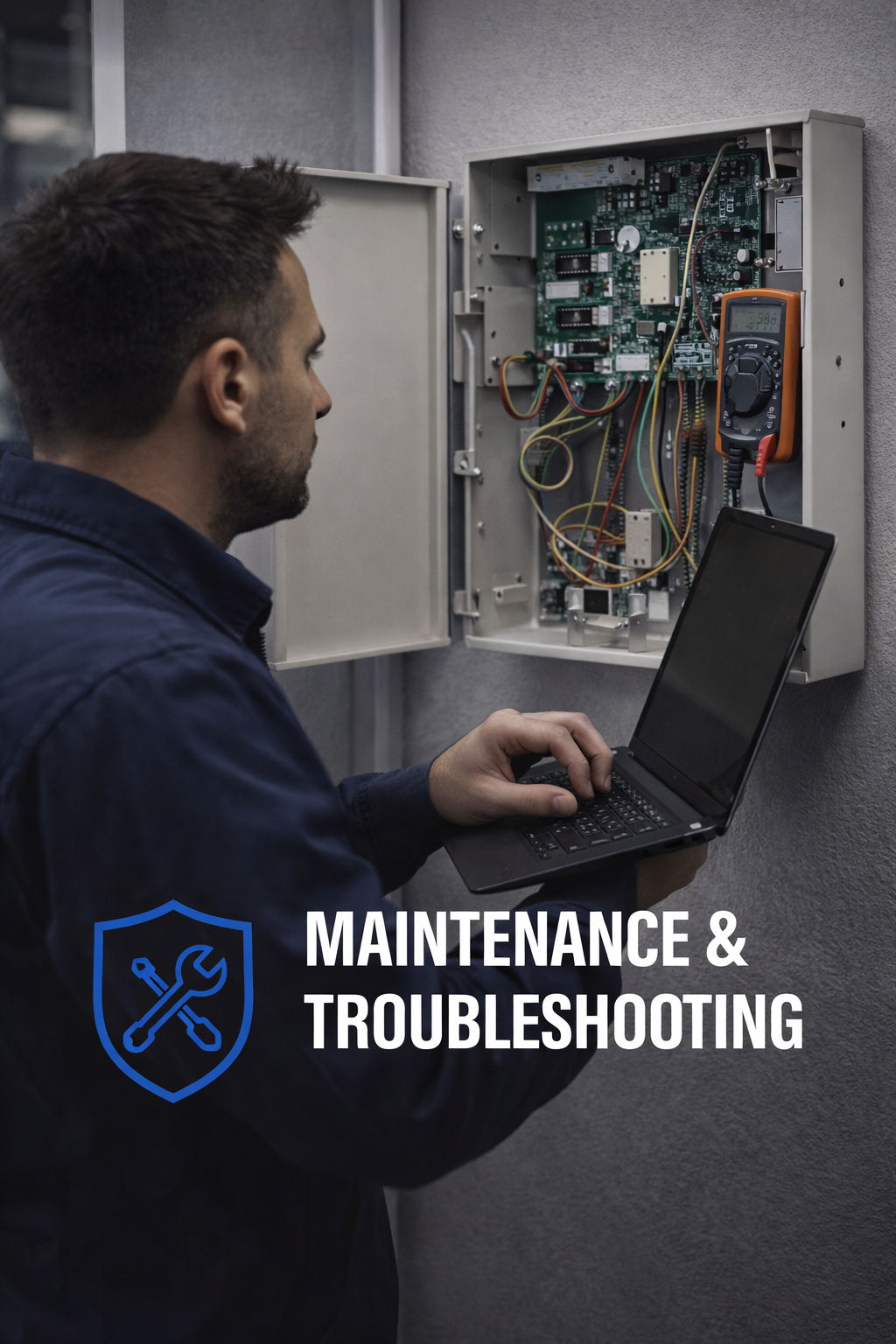 A technician troubleshooting an electrical panel with a multimeter, using a laptop, in a maintenance setting.