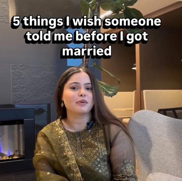 A woman sitting indoors with a fireplace and a large green plant in the background. Overlaid text reads, '5 things I wish someone told me before I got married.'