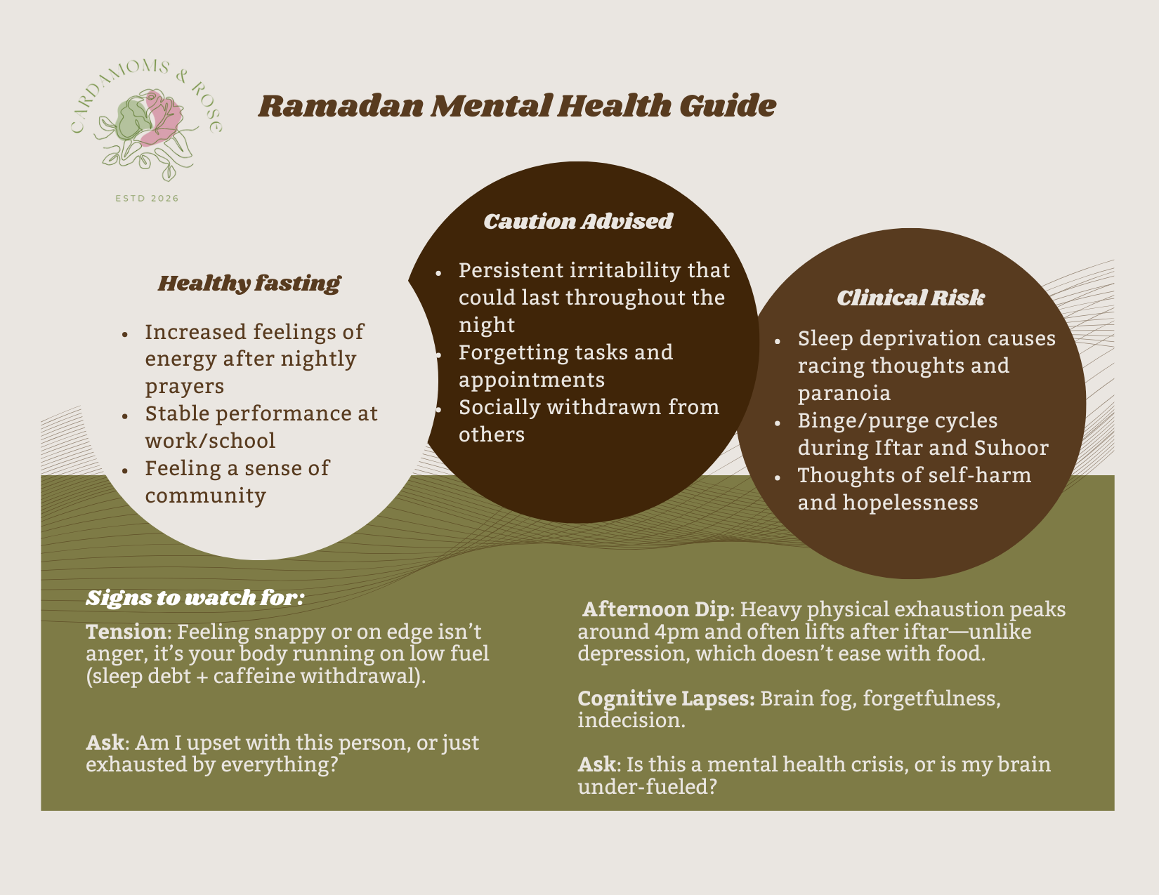 Ramadan Mental Health Guide infographic with sections on healthy fasting, caution advised, clinical risk, signs to watch for, afternoon dip, and cognitive lapses, featuring a logo of a pink rose and green text.
