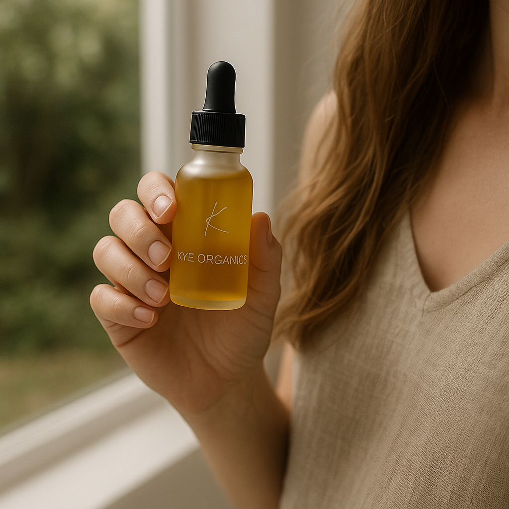 A woman holding a small amber bottle with a dropper cap labeled "KYE ORGANICS" near a window with greenery outside.