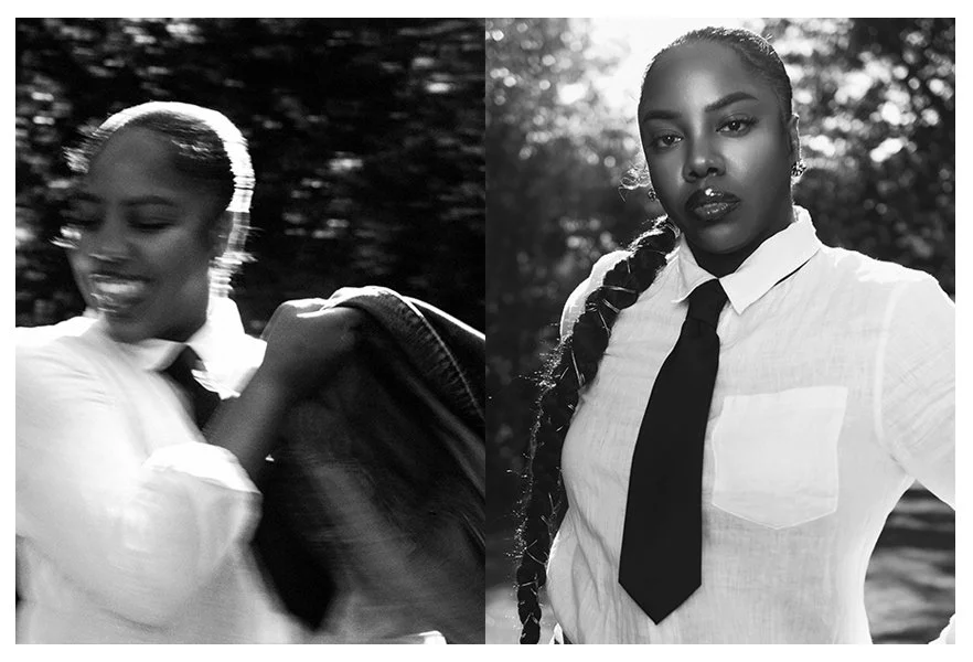 Black and white side-by-side photos of a young woman with dark hair and dark eyebrows, wearing a white shirt with a black tie. The left photo shows her smiling and in motion, while the right photo features her looking serious with a braid over her sh