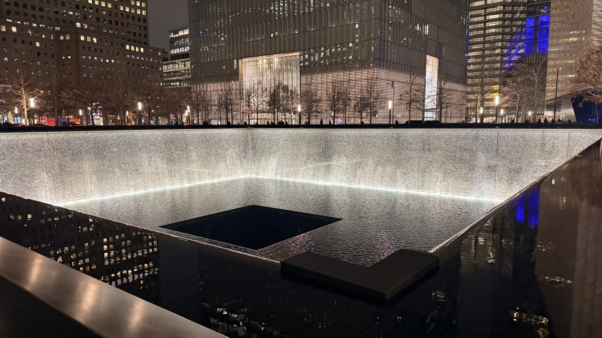 World Trade Center memorial at night in New York City