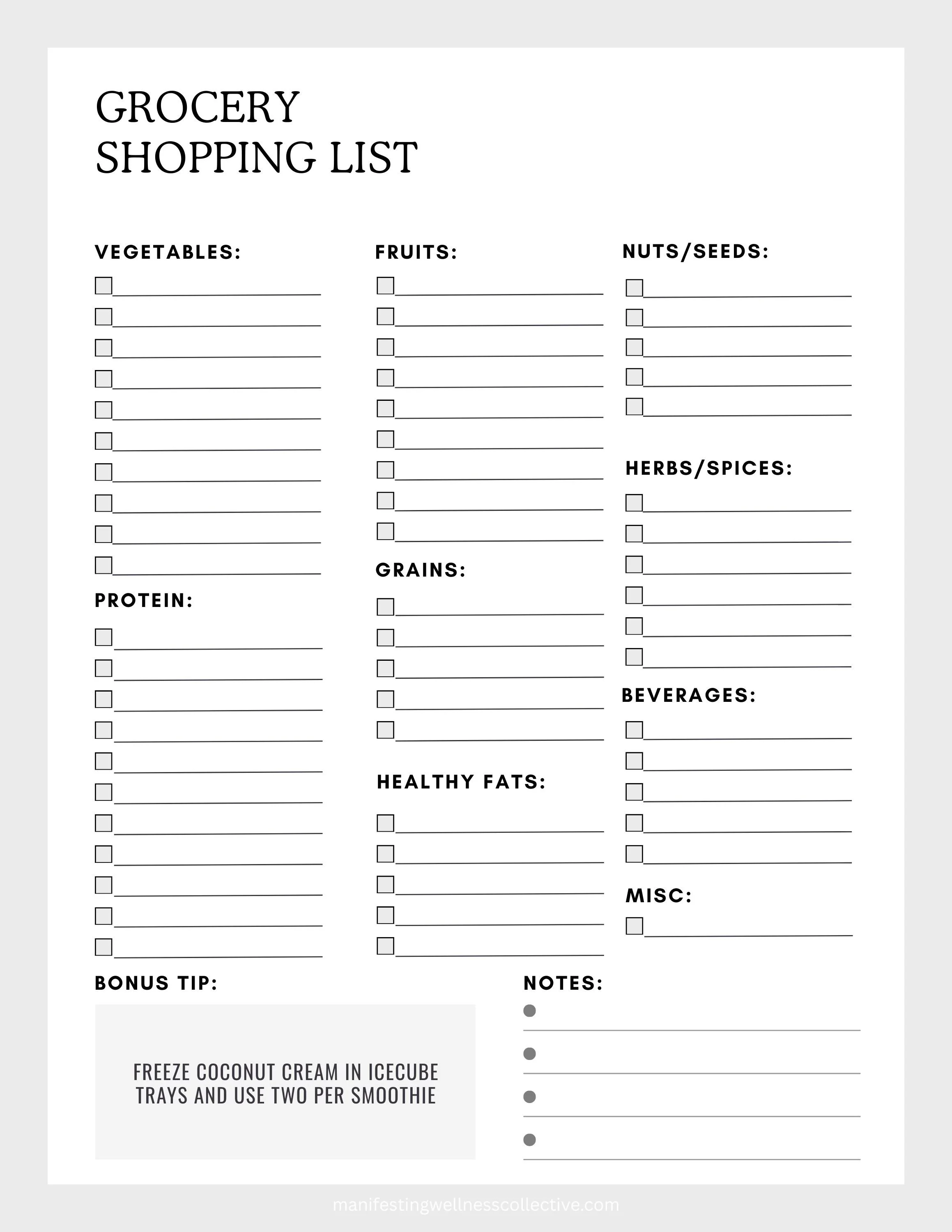 Blank Grocery Shopping List Template