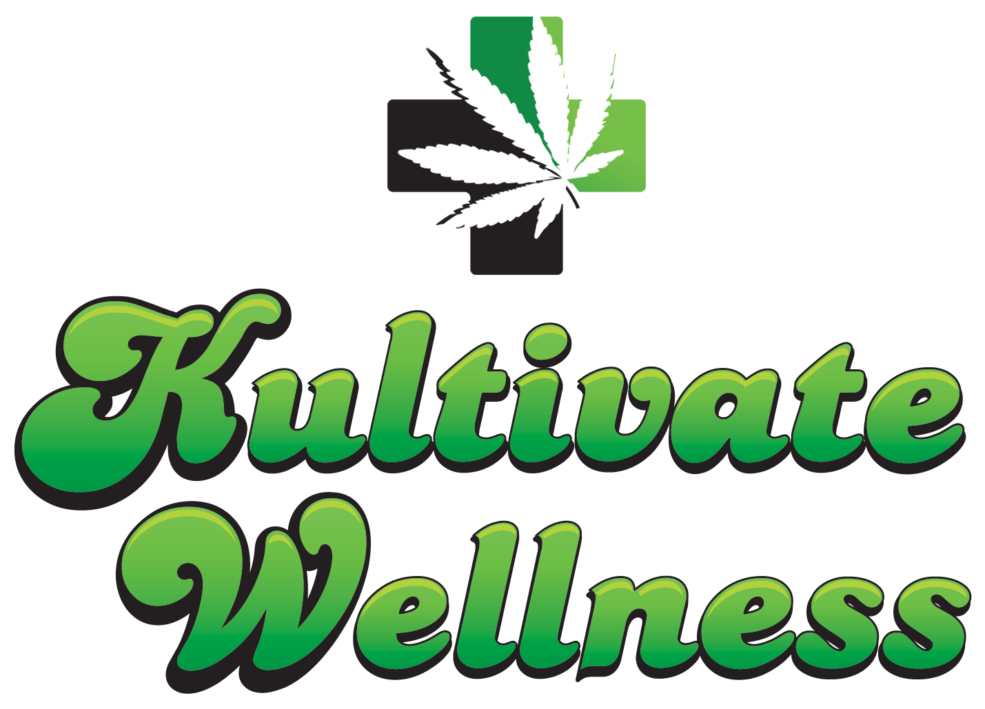 Logo for Kutivate Wellness featuring a cannabis leaf above the words 'Kutivate Wellness' in green gradient, stylized script.