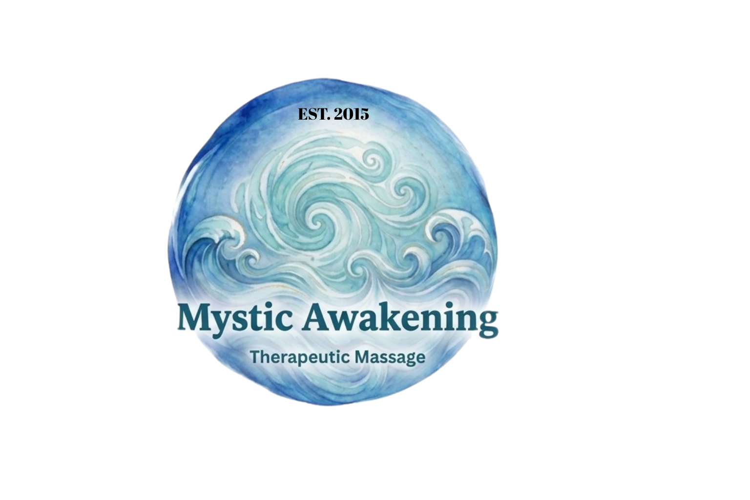 A circular logo with a watercolor-style wave design in shades of blue and teal, with a small spiral pattern. Text on the logo reads "EST. 2015," "Mystic Awakening," and "Therapeutic Massage."