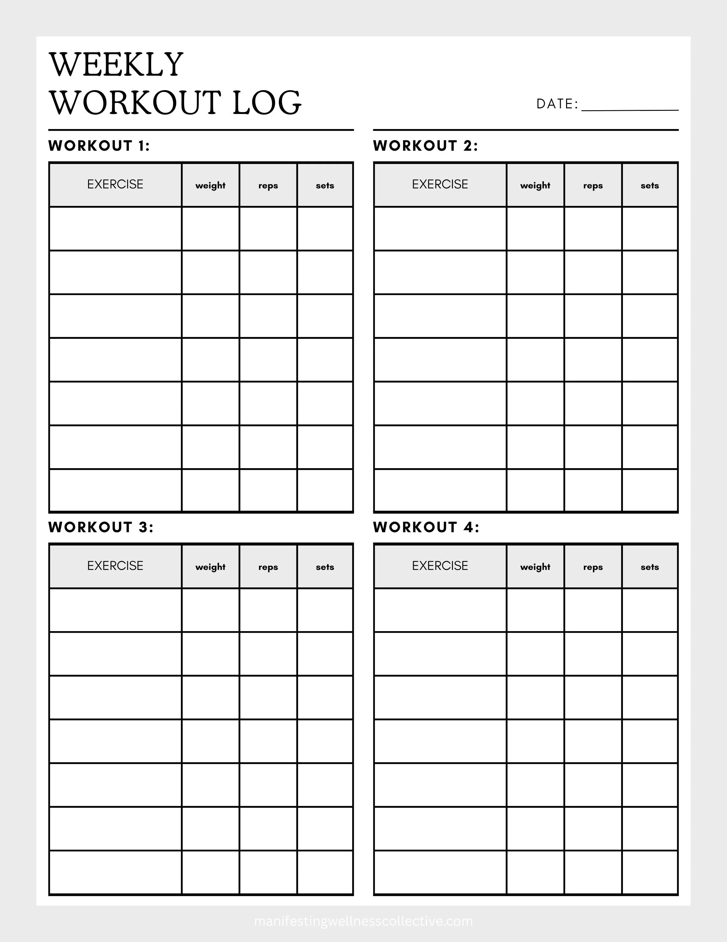 Blank Weekly Strength Workout Log