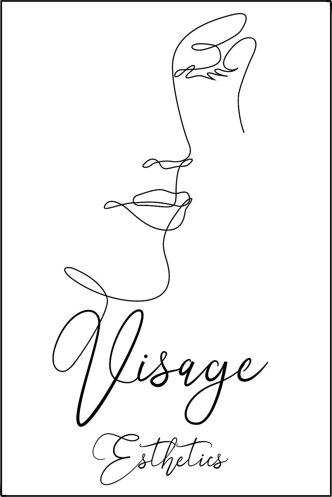 Minimalist black line drawing of a face created with a single continuous line, with the words 'Visage Esthetics' written below in elegant cursive.