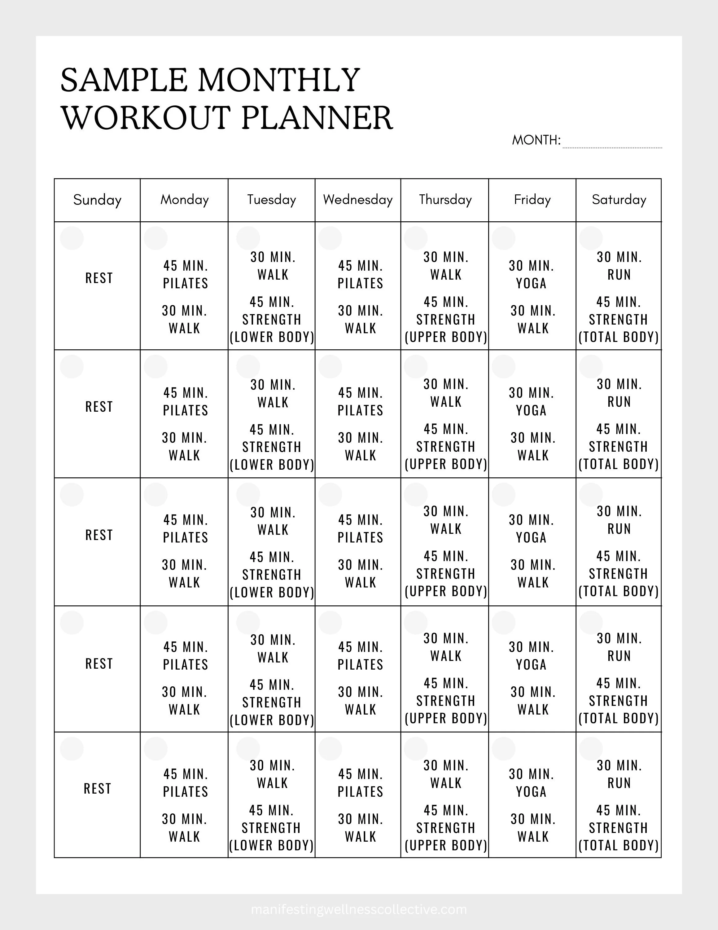 Sample Monthly Workout Planner