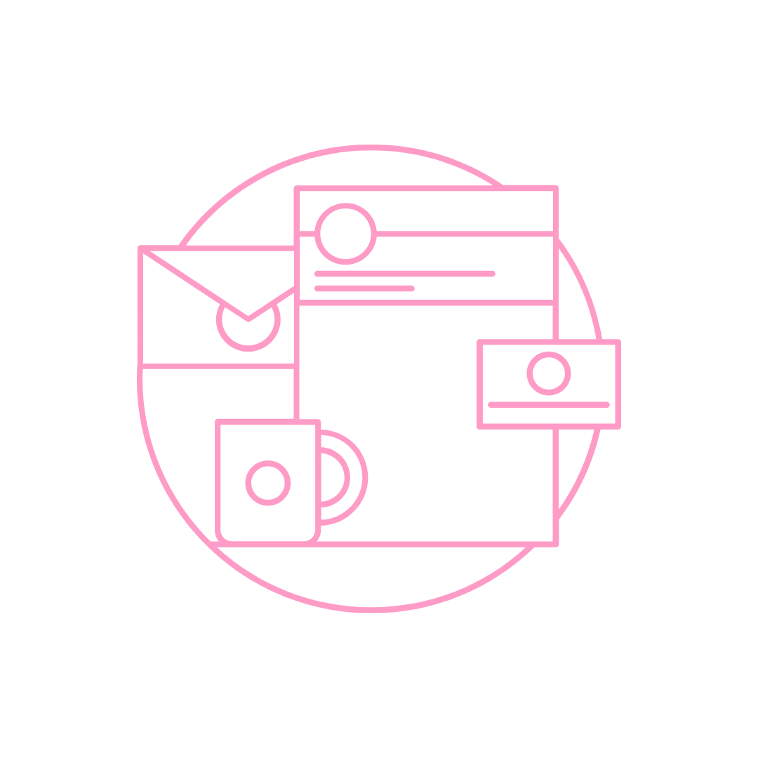Vector images of branded material (letterhead, envelope, business card, mug)