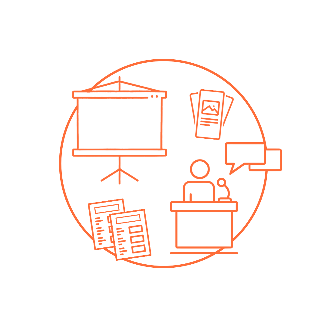 A circular vector graphic with a presentation screen, handouts, brochures, and a speaker behind a podium