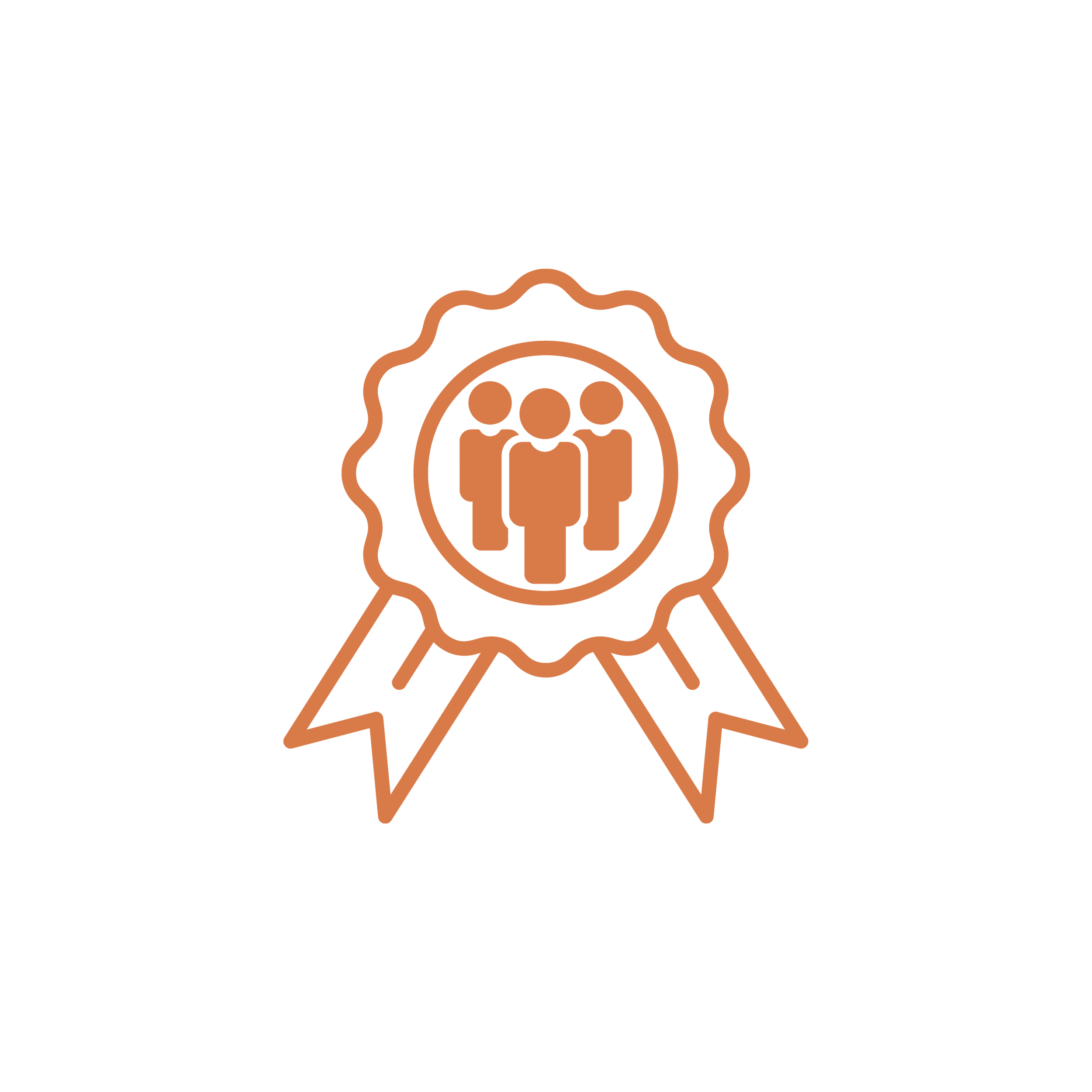 Icon of a certificate or award ribbon with a group of three people inside it, representing recognition or achievement in team or community, social part of ESG