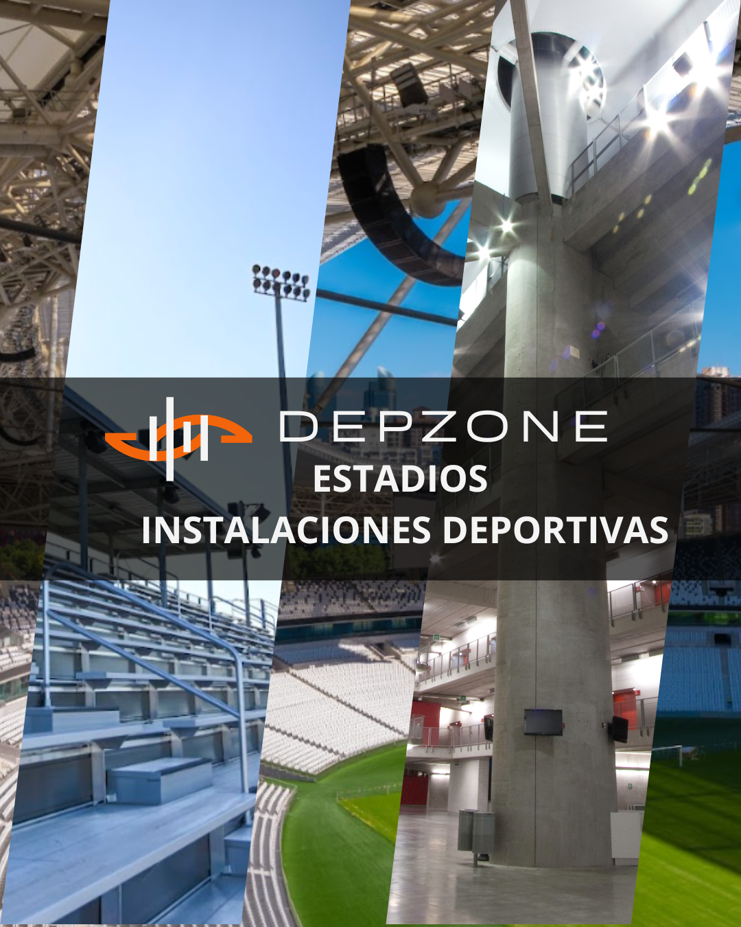 Various images of sports stadiums and sports facilities with the logo and text for DEPZONE Estádios Instalaciones Deportivas.