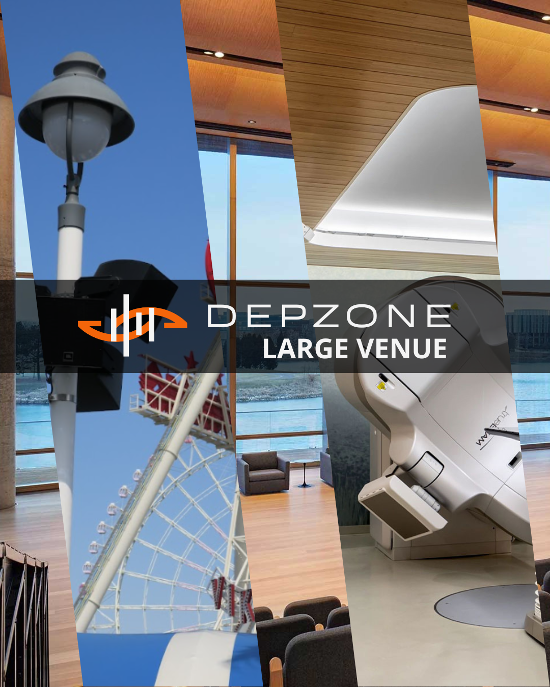 Collage of images showcasing an indoor event venue with city view, an outdoor ferris wheel, and an indoor medical imaging machine, with DEPZONE Large Venue logo overlay.