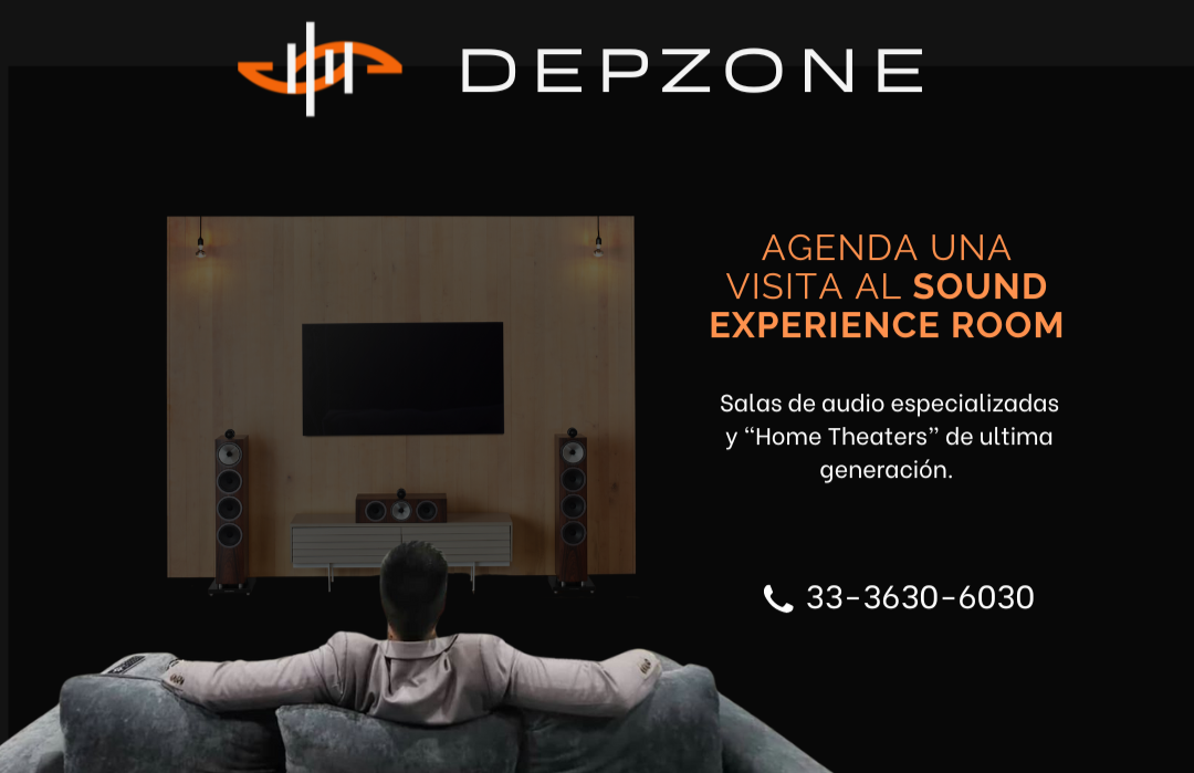 An advertisement for DEPZONE, showcasing a sound experience room with a person sitting on a couch, watching a large TV with surround sound speakers, and text inviting to schedule a visit to their audio specialized rooms and home theaters. Contact phone number provided.