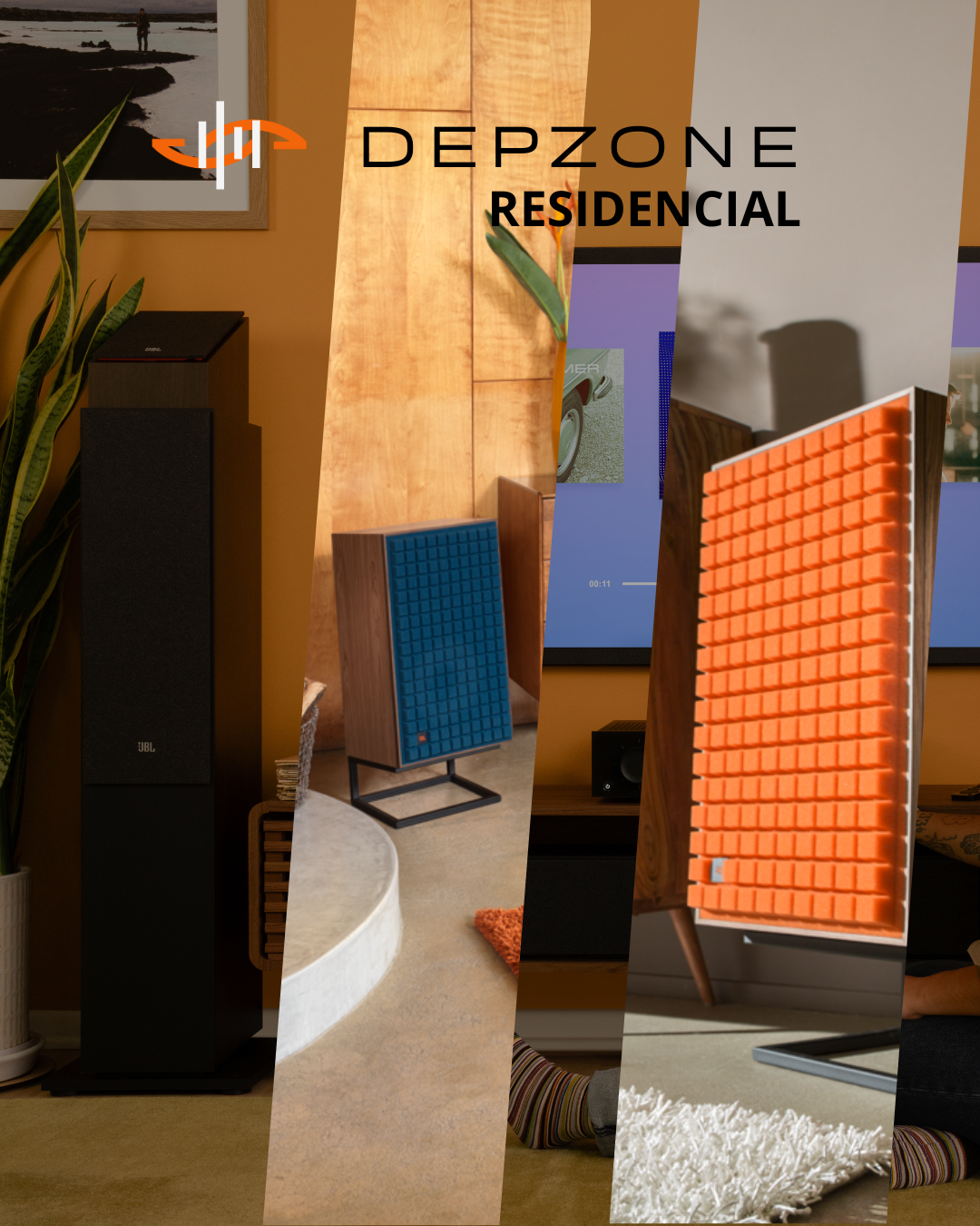 Collage of four images showing various interior home accents and entertainment equipment, including a tall speaker next to a plant, a blue speaker on a stand, an orange acoustic panel, and a woman seated on a rug.