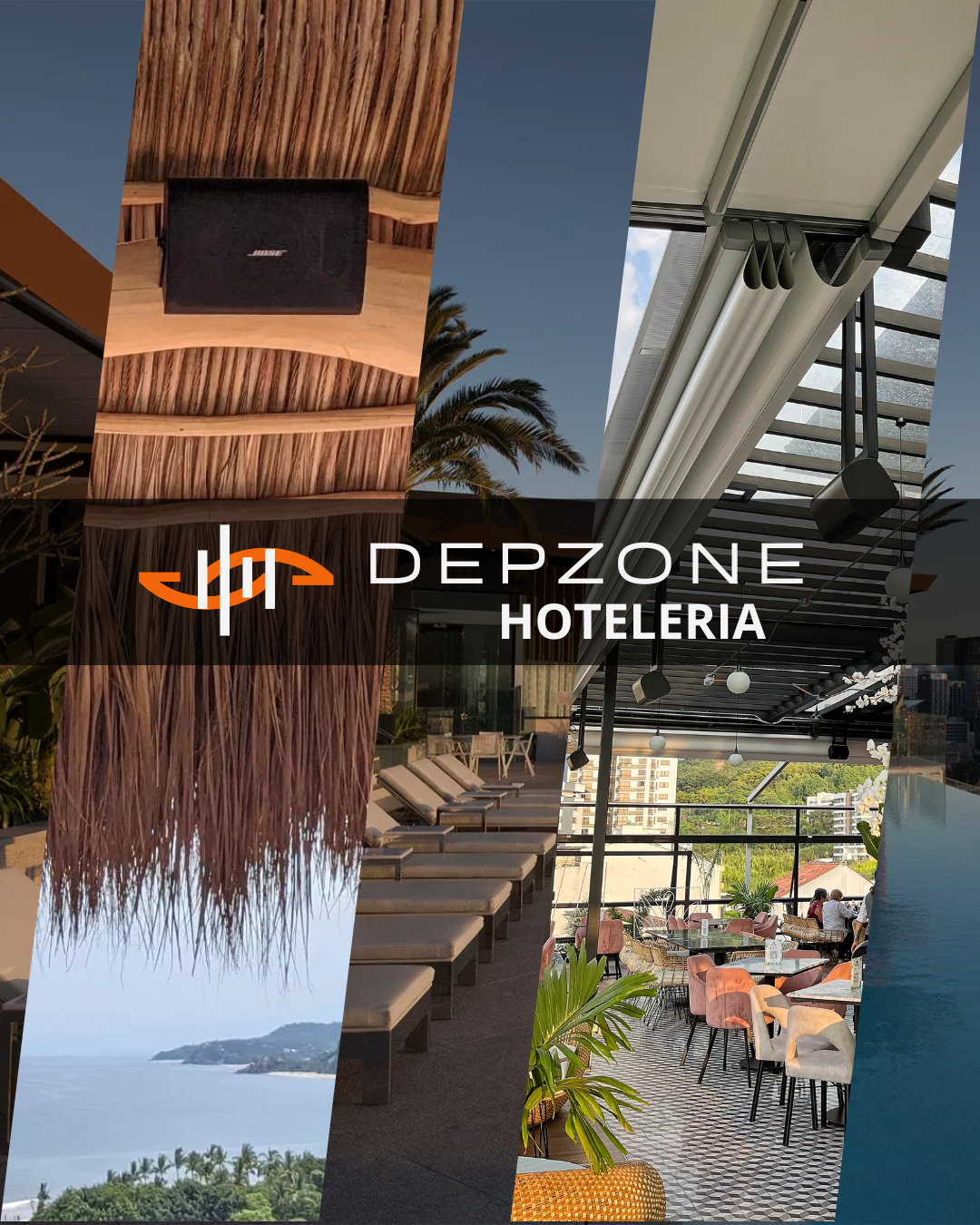 Collage of images including a thatched roof, outdoor seating, indoor hotel lounge area, and a beach view, with the text 'DEPZONE HOTELERIA' and logo