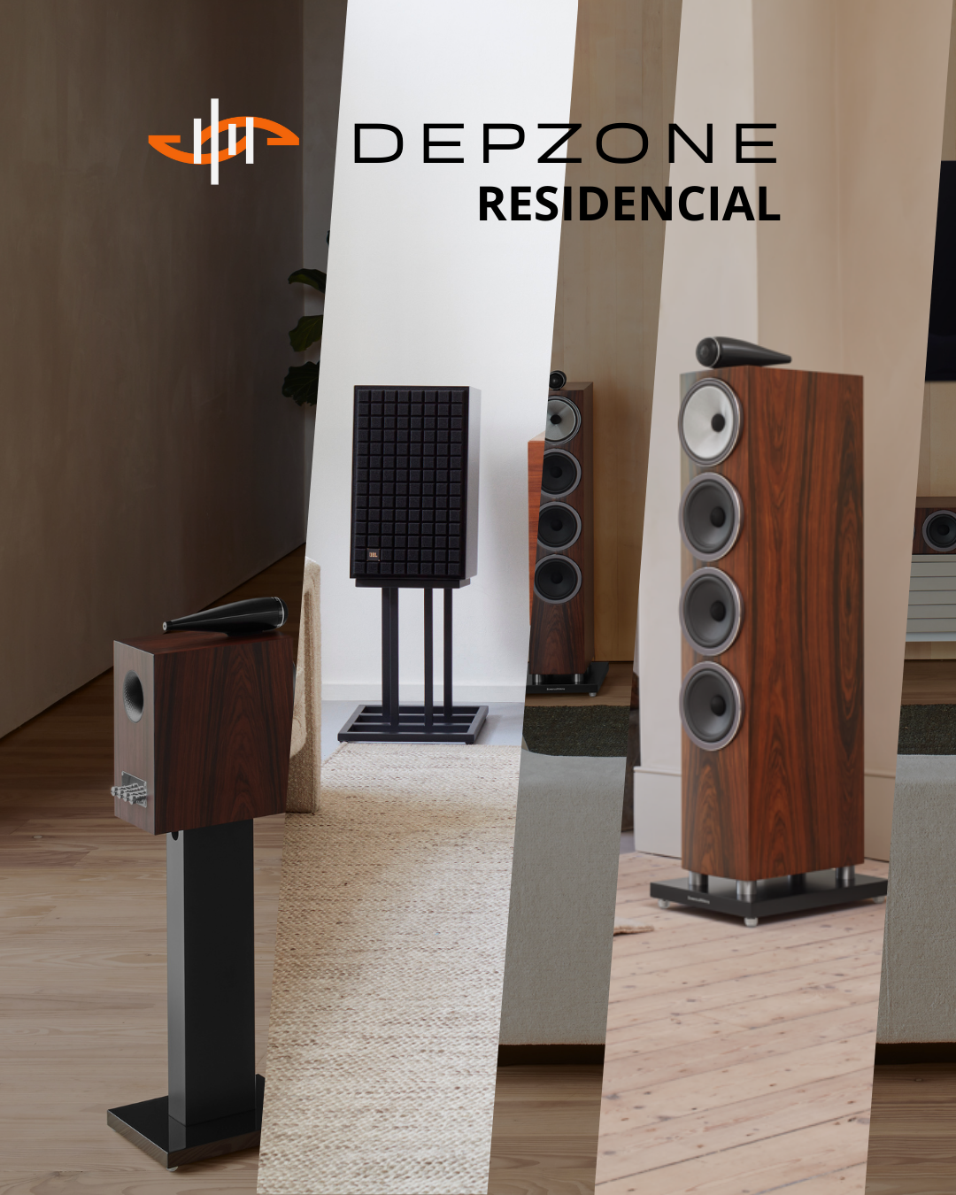 A collage of different high-end speakers in various room settings, with the text 'Depzone Residencial' at the top.