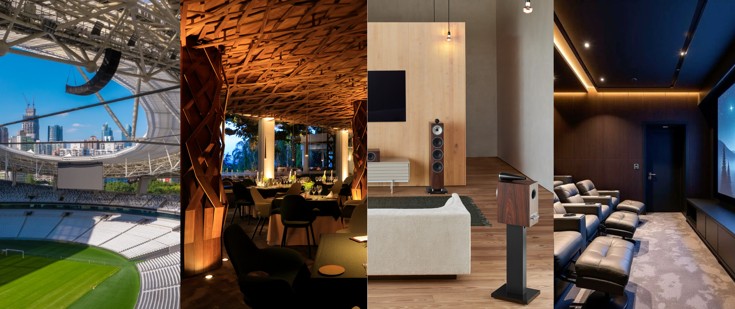 A collage of four images: an outdoor stadium with a cityscape background, an elegant restaurant interior with wooden ceiling design and dining tables, a modern home theater with armchairs and a large screen, and a cozy living room with chairs and large window display