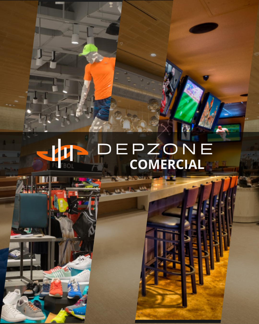 Collage of different sections inside a sports retail store, including a mannequin dressed in athletic gear, a display of sports shoes, a row of bar stools at a bar or counter, and multiple television screens showing sports broadcasts, with the text 'Depzone Comercial' overlayed.