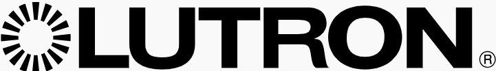Lutron logo with black text and a stylized circular design resembling a sun or light pattern