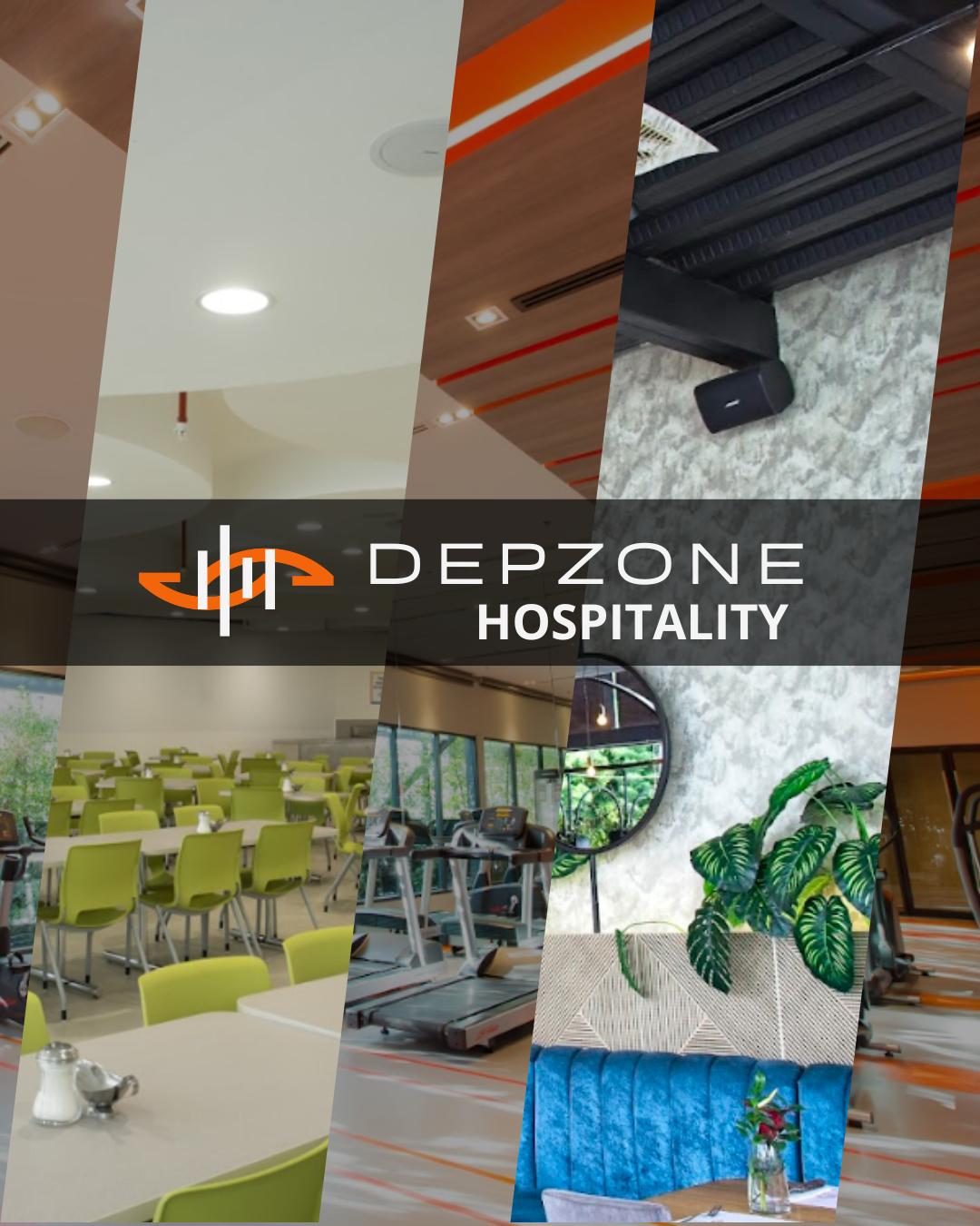 Collage of hotel interior spaces including conference room, gym, lounge area with green plants, and seating area with blue couch, with DEPZONE Hospitality logo overlay.
