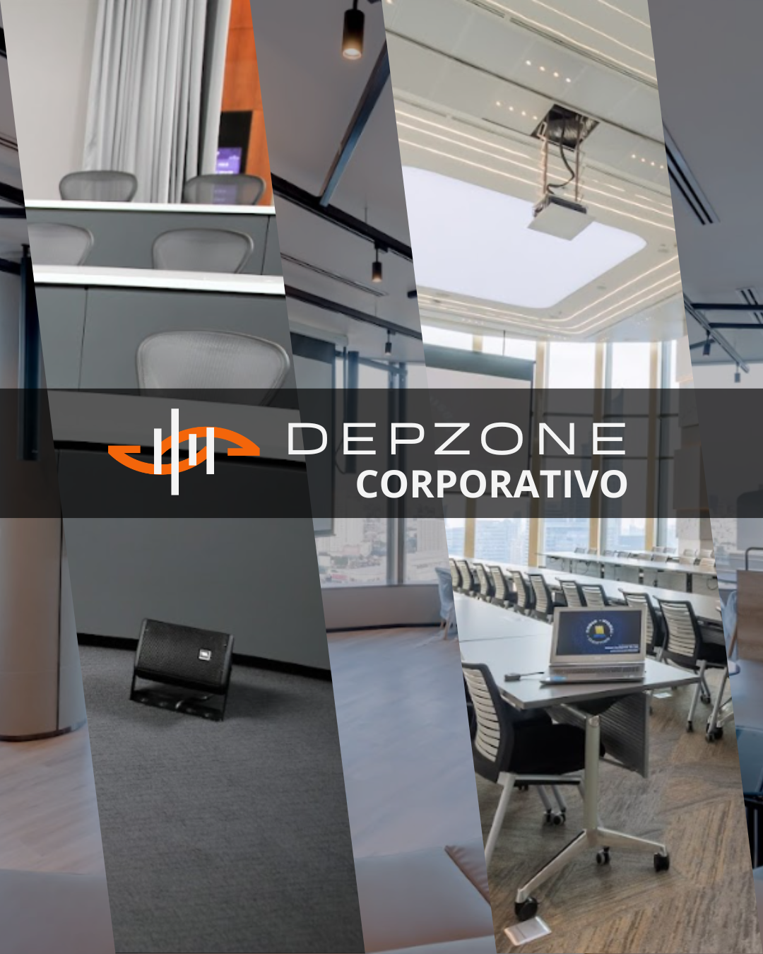 Collage of modern office spaces with conference rooms, workstations, and glass windows, featuring branding for Depzone Corporativo.