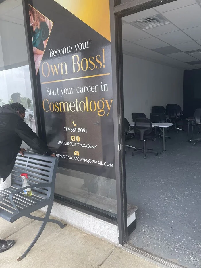 Beauty school window decal advertising cosmetology trainin