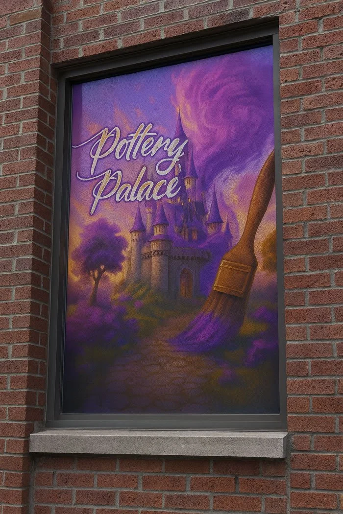 Colorful window decal for Pottery Palace art gallery