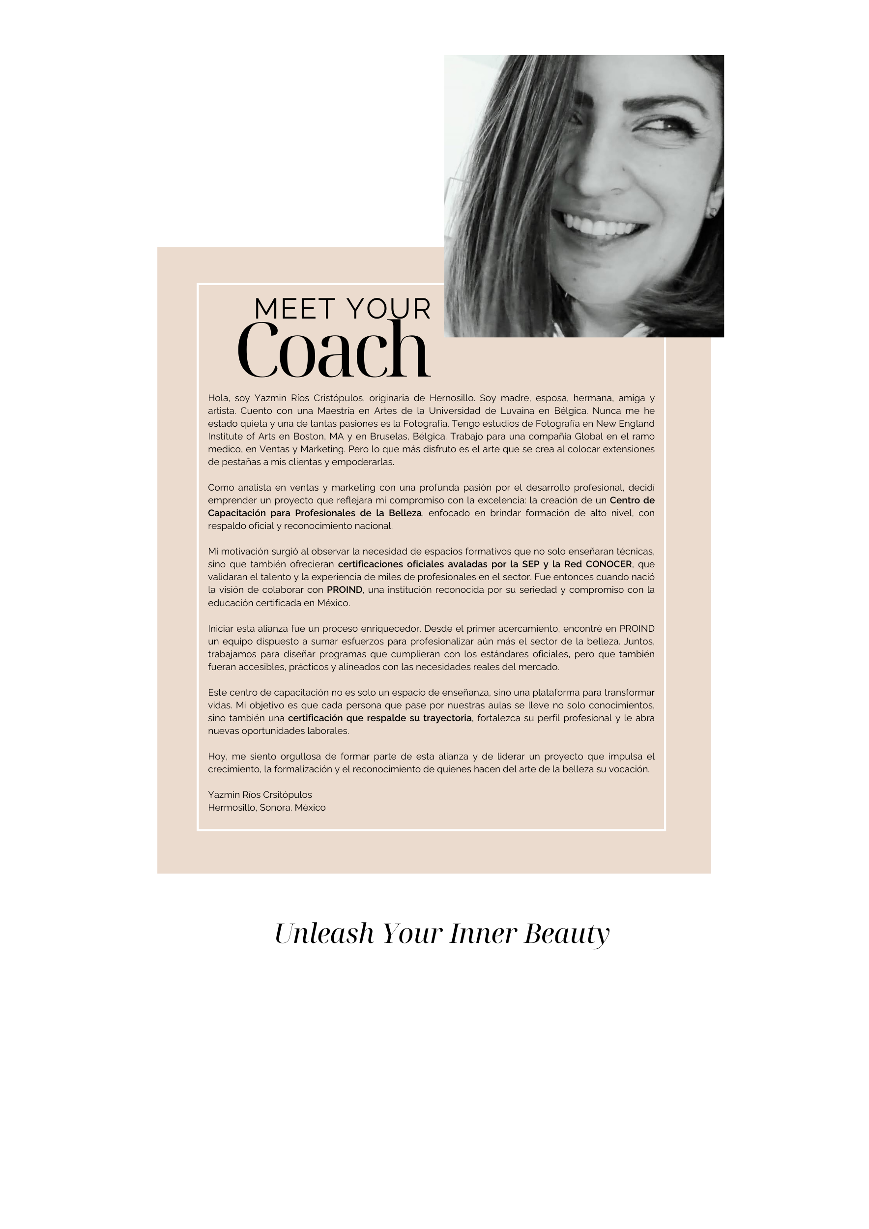 A professionally designed biography page featuring a black-and-white photo of a smiling woman with long hair, alongside text introducing her as Yazmin Rios Cristópulos, a coach specializing in beauty and professional development. The page includes a motivational tagline, "Unleash Your Inner Beauty."