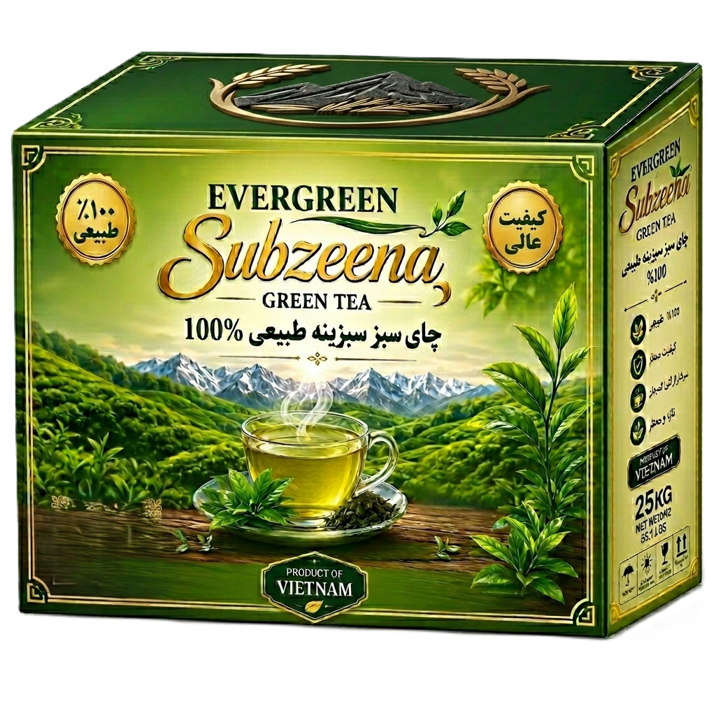 Green tea product box with mountain landscape background, a steaming cup of green tea, and Vietnamese origin label.