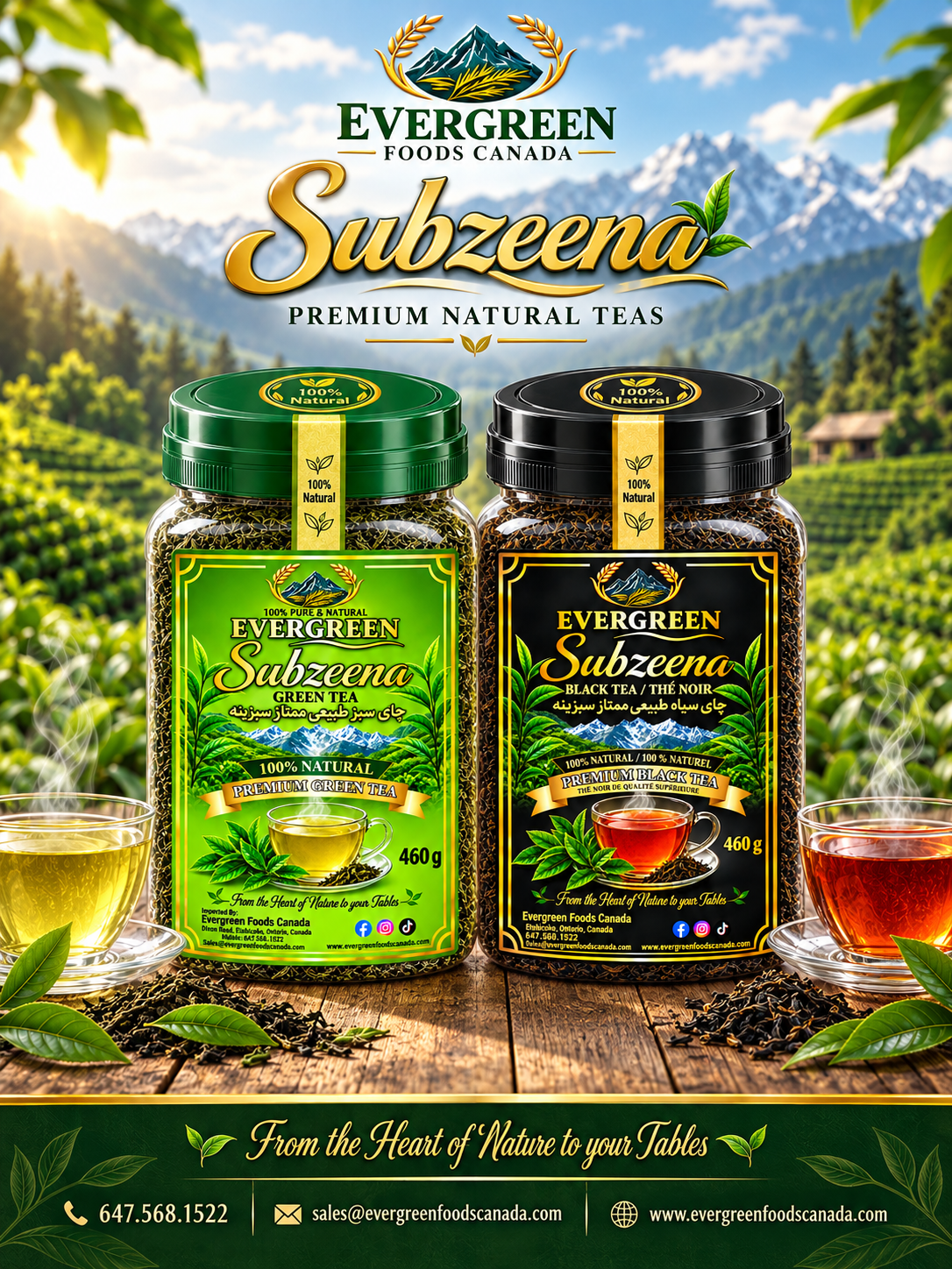 Image of two jars of Evergreen Subzeena teas, one green tea and one black tea, with a scenic mountain and tea plantation background. The jar on the left is labeled 'Premium Green Tea,' and the jar on the right is labeled 'Premium Black Tea.' Both jars are 460 grams, with the green tea jar having a green lid and the black tea jar having a black lid. There are cups of brewed tea and loose tea leaves on a wooden surface in front of the jars. The branding emphasizes natural ingredients from Canada.