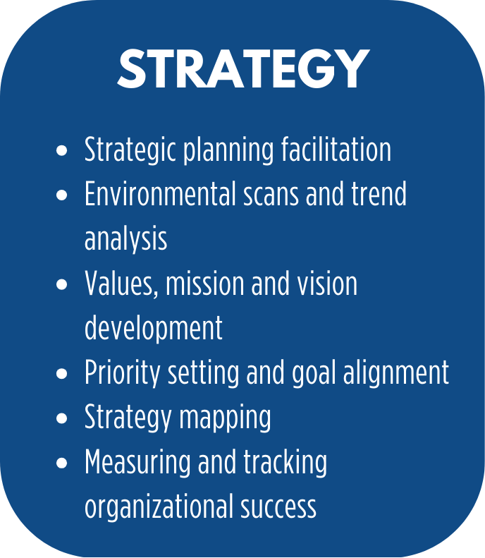 A slide titled 'Strategy' listing key components including strategic planning facilitation, environmental scans and trend analysis, values, mission and vision development, priority setting and goal alignment, strategy mapping, and measuring organizational success.
