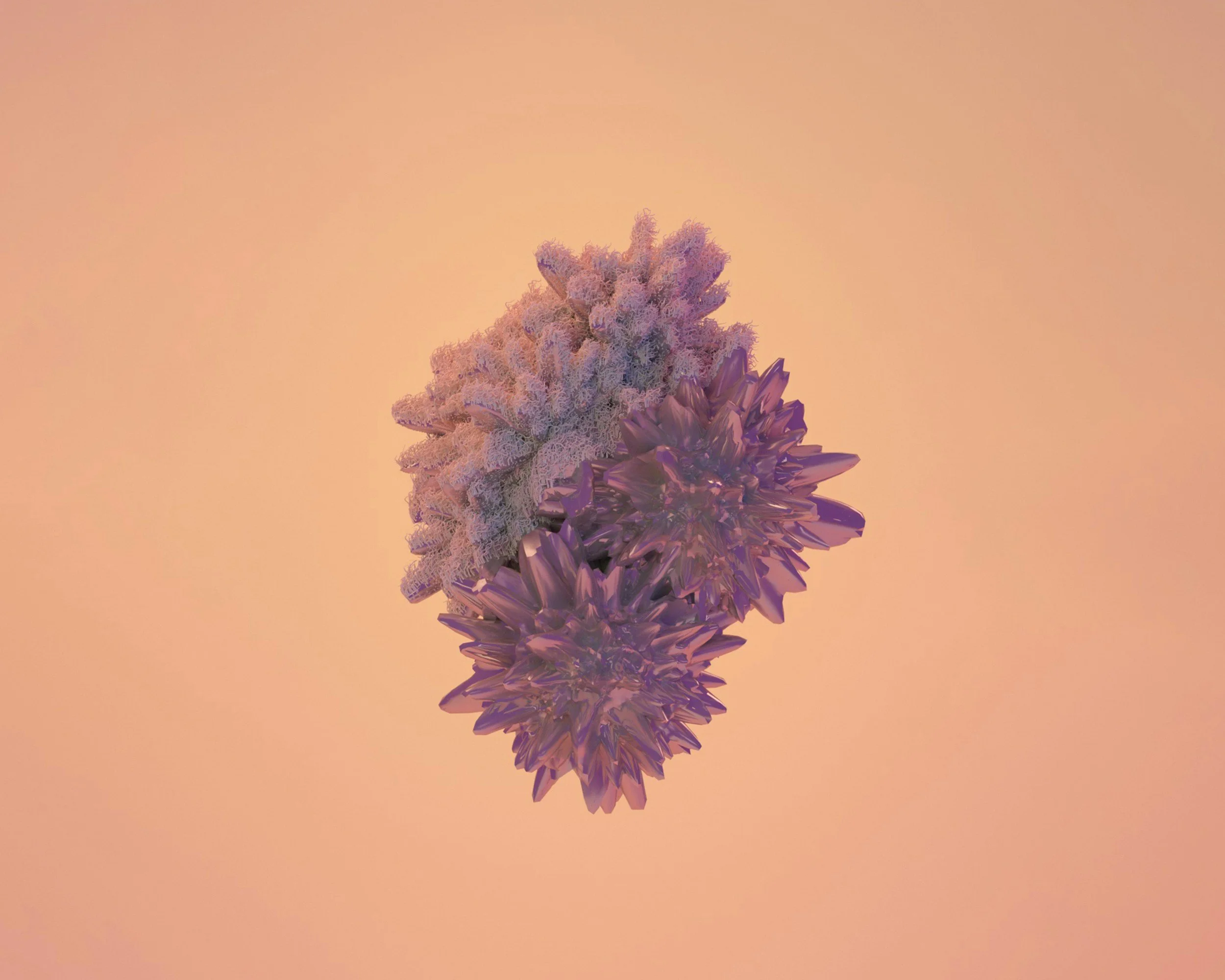 Three abstract purple flowers with a pinkish background.